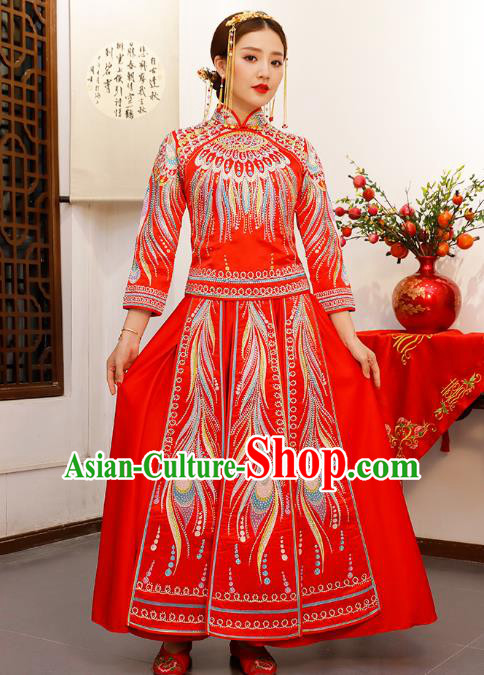 Chinese Embroidered Red Longfeng Flown Xiuhe Suits Traditional Wedding Bride Dress Ancient Costume for Women