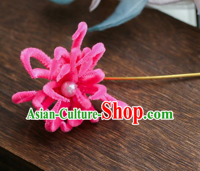 Chinese Traditional Hanfu Rosy Velvet Chrysanthemum Hairpins Ancient Qing Dynasty Hair Accessories for Women