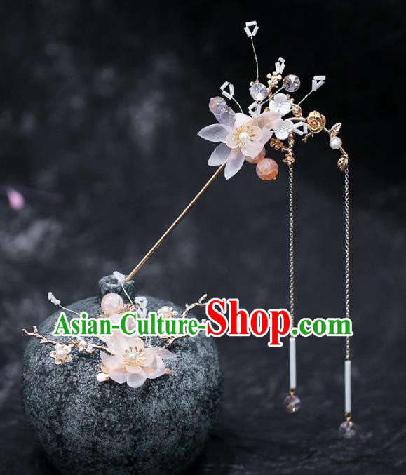 Chinese Traditional Hanfu Pink Silk Flower Tassel Hairpins Ancient Hair Accessories for Women