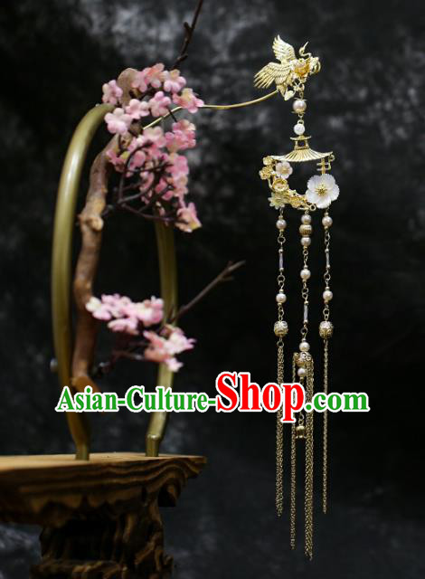 Chinese Traditional Hanfu Golden Crane Tassel Hairpin Ancient Hair Accessories for Women