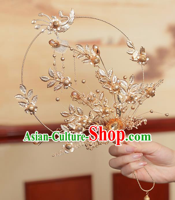 Chinese Traditional Golden Leaf Phoenix Palace Fans Handmade Classical Hanfu Wedding Fan for Women