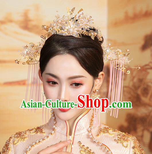 Chinese Traditional Hanfu Silk Flowers Hairpins and Hair Crown Hair Accessories Complete Set for Women
