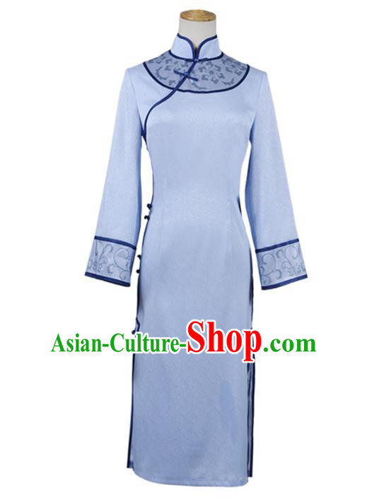 Traditional Chinese Qing Dynasty Embroidered Blue Qipao Dress Costume Ancient Princess Hanfu Dress for Women