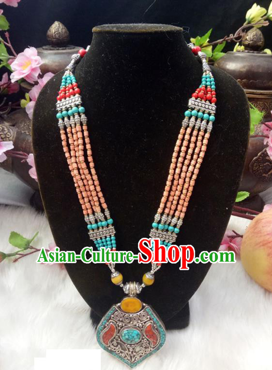 Chinese Zang Nationality Copper Orange Beads Necklace Handmade Traditional Tibetan Ethnic Jewelry Accessories for Women