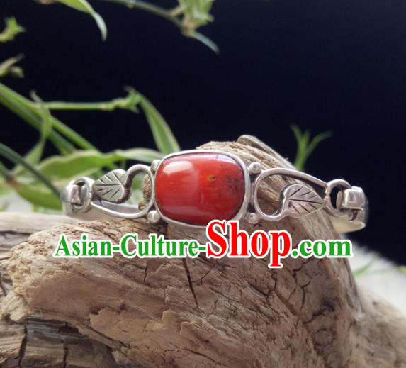 Chinese Zang Nationality 925 Silver Red Coral Bracelet Handmade Traditional Tibetan Ethnic Jewelry Accessories for Women