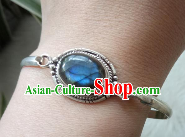 Chinese Zang Nationality 925 Silver Blue Moonstone Bracelet Handmade Traditional Tibetan Ethnic Jewelry Accessories for Women