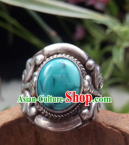 Chinese Zang Nationality Silver Kallaite Rings Handmade Traditional Tibetan Ethnic Jewelry Accessories for Women