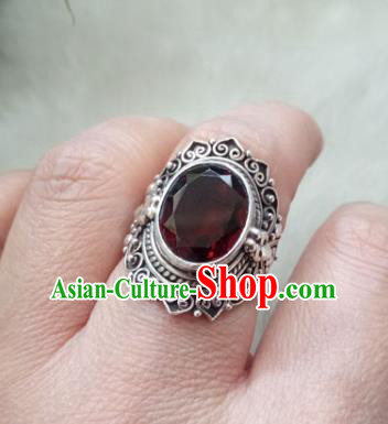 Chinese Zang Nationality Wine Red Crystal Rings Handmade Traditional Tibetan Ethnic Jewelry Accessories for Women
