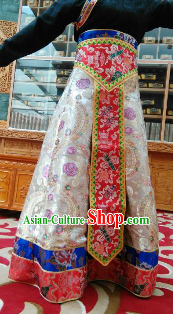 Chinese Zang Nationality Dance Costume Traditional Tibetan Ethnic White Brocade Skirt for Women