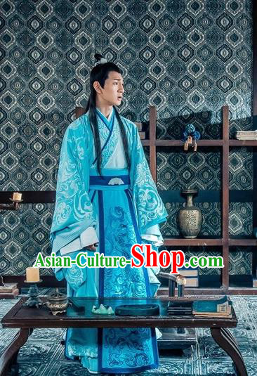 Chinese Ancient Nobility Childe Historical Drama Love is More Than A Word Blue Costume and Headpiece for Men