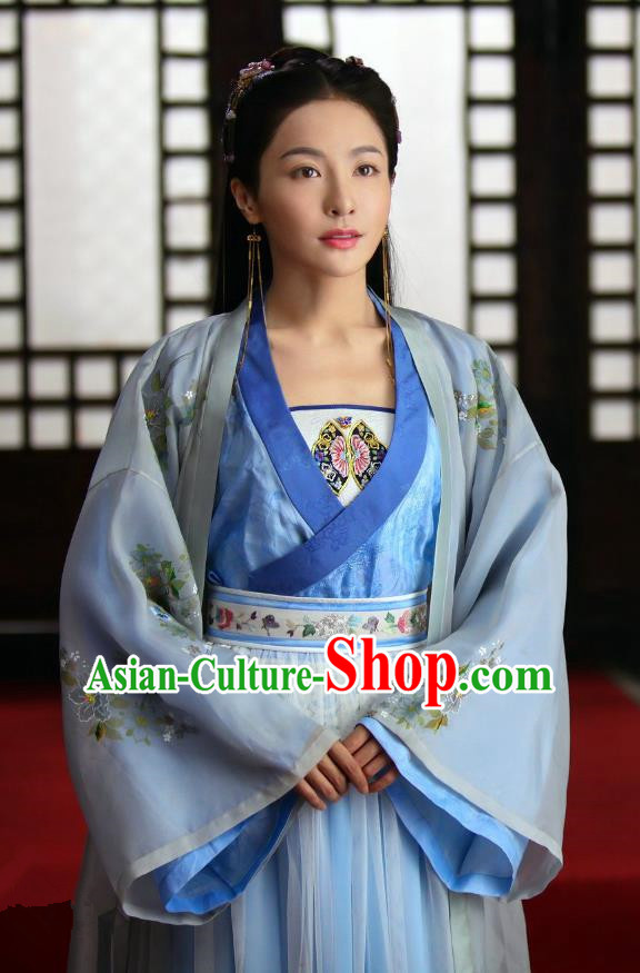 Chinese Drama Devastating Beauty Ancient Noble Lady Cheng Yelan Blue Costume and Headpiece for Women