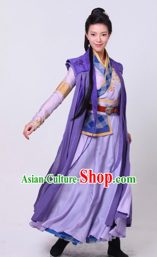 Chinese Ancient Swordswoman Purple Hanfu Dress Drama Devastating Beauty Jing Nanyi Costume and Headpiece for Women