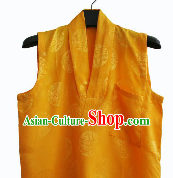 Chinese Tibetan Buddhism Golden Satin Vest Traditional Monk Waistcoat Upper Outer Garment for Men