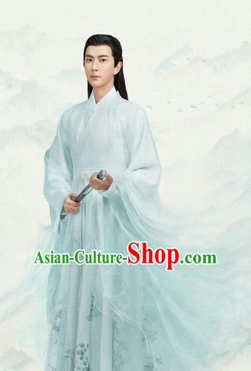Chinese Ancient Noble Prince Jing Ci Blue Clothing Historical Drama The Love Lasts Two Minds Costume and Headpiece for Men