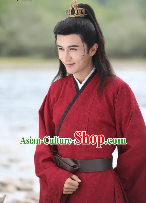 Chinese Ancient Prince Gu Qishao Red Clothing Historical Drama Legend of Yun Xi Costume and Headpiece for Men