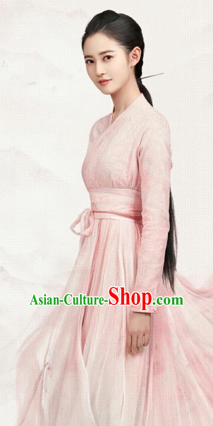 Chinese Ancient Female Swordsman Pink Hanfu Dress Drama The Love Lasts Two Minds Costume and Headpiece for Women