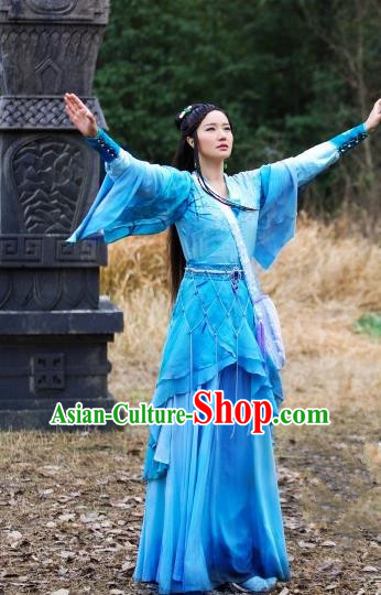 Chinese Historical Drama The Legend of Zu Ancient Magic Swordsman Su Yin Blue Costume and Headpiece for Women