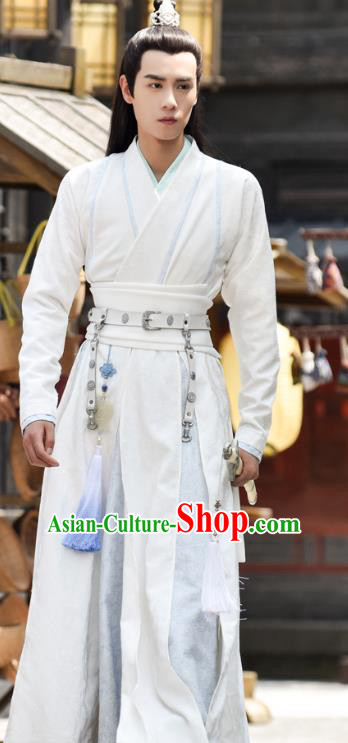 Chinese Ancient Young Swordsman Hua Wuque White Clothing Historical Drama Handsome Siblings Costume and Headpiece for Men