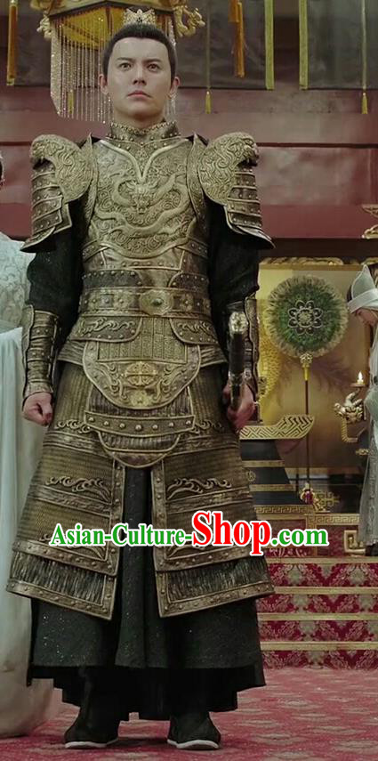 Chinese Drama Legend of the Phoenix Ancient Emperor Pang Tong Armor Historical Costume and Headwear for Men