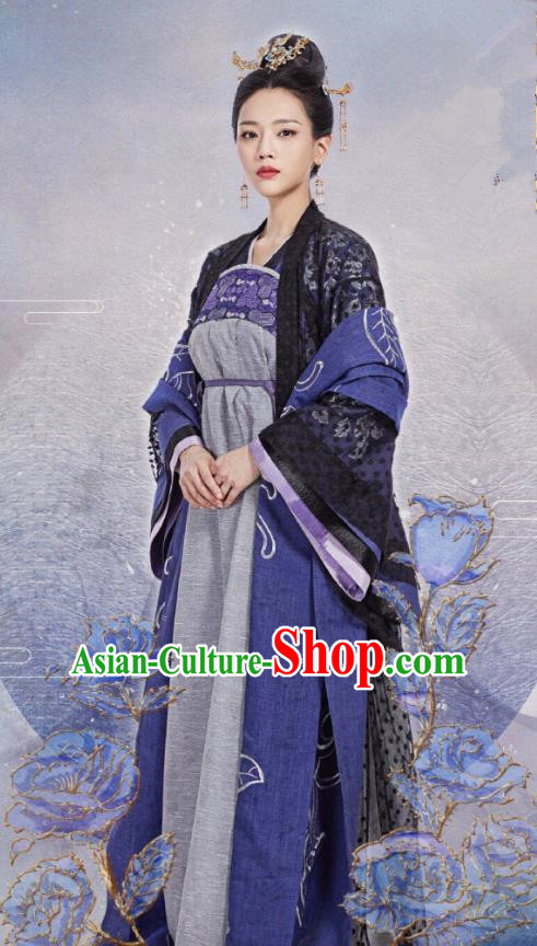 Chinese Ancient Noble Lady Qiao Huixin Blue Hanfu Dress Historical Drama The Love By Hypnotic Costume and Headpiece for Women