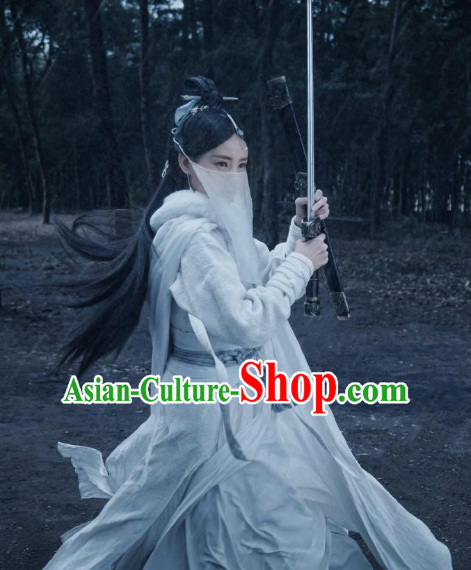 Chinese Ancient Female Swordsman White Dress Historical Drama Sword Dynasty Zhangsun Qianxue Costume and Headpiece for Women
