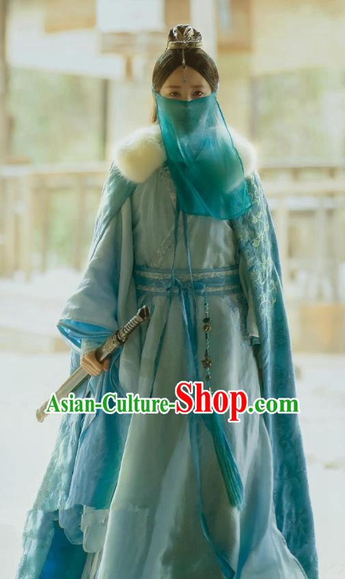 Chinese Ancient Swordswoman Zhangsun Qianxue Blue Dress Historical Drama Sword Dynasty Costume and Headpiece for Women