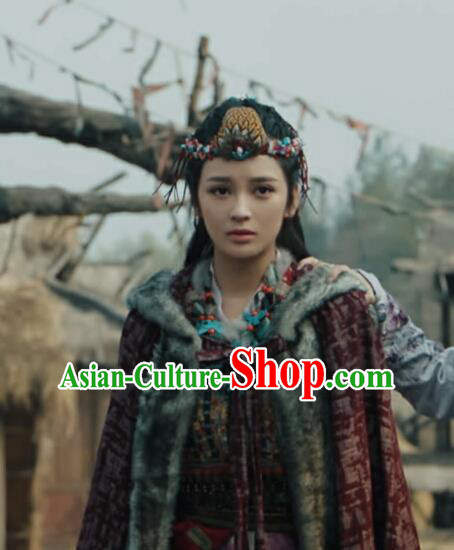 Chinese Ancient Tribe Princess Dress Historical Drama Sword Dynasty Wu Lianzi Costume and Headpiece for Women