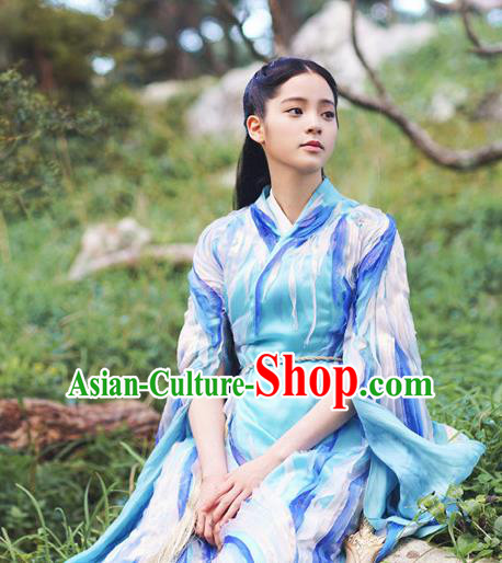 Chinese Ancient Goddess Mu Chen Blue Dress Historical Drama The Great Ruler Costume and Headpiece for Women