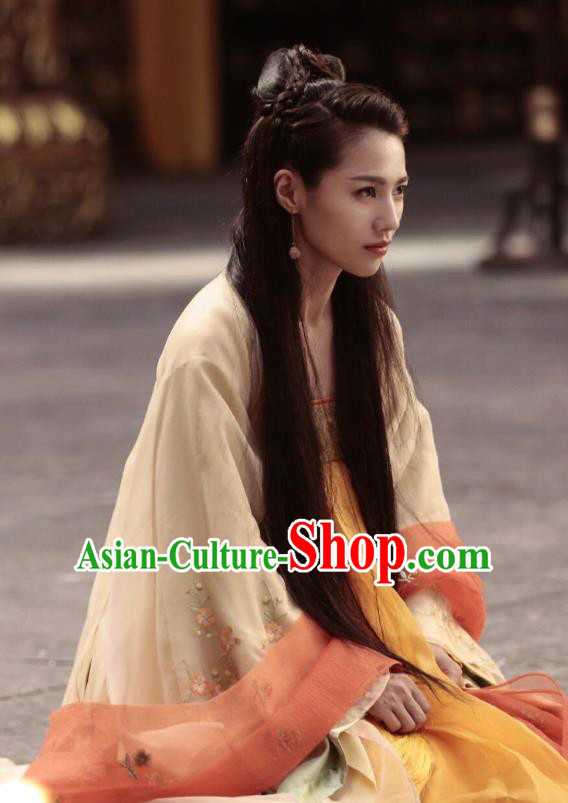 Chinese Ancient Tang Dynasty Infanta Ming Hui Apricot Dress Historical Drama An Oriental Odyssey Costume and Headpiece for Women