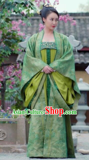 Chinese Ancient Tang Dynasty Empress Wu Zetian Green Dress Historical Drama An Oriental Odyssey Costume and Headpiece for Women
