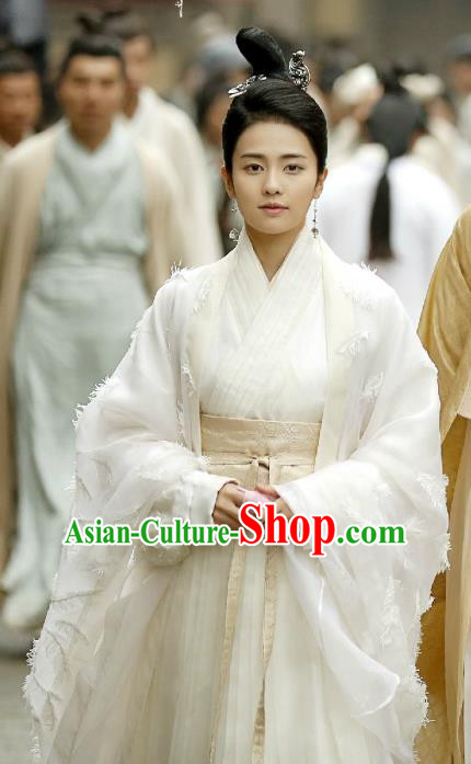 Chinese Ancient Zhou Dynasty White Hanfu Dress Historical Drama King Is Not Easy Princess Da Xi Costumes and Headpiece