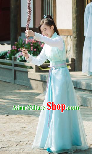 Chinese Ancient Female Swordsman Blue Dress Historical Drama Pingli Fox Zheng Xuejing Costumes and Headwear