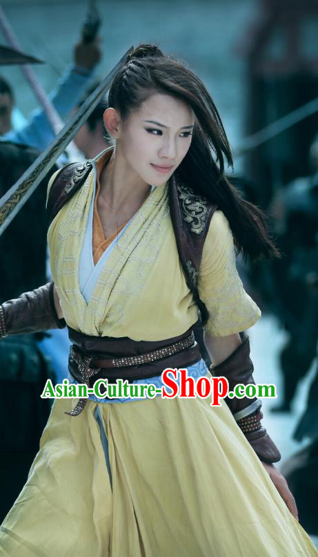Chinese Ancient Demon Female Swordsman Costume Historical Drama The Taosim Crandmaster Yellow Dress and Headwear