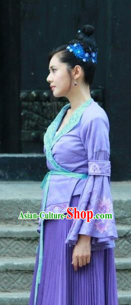 Chinese Ancient Tang Dynasty Swordswoman Historical Costumes and Headpiece Drama Legend of Southwest Dance and Music Ye Shaluo Purple Dresses