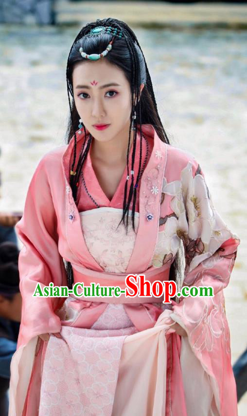 Chinese Ancient Princess Historical Costumes Drama Princess at Large Yan Qingcheng Pink Hanfu Dress and Headdress