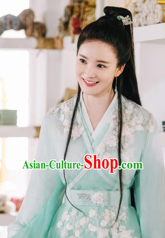 Chinese Ancient Demon Princess Drama Sansheng Sanshi Pillow Eternal Love of Dream Ji Heng Green Dress and Hairpin Complete Set