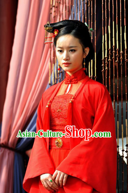 Chinese Ancient Ming Dynasty Courtesan Red Garment and Headpieces Drama The Great Shaolin Li Zhenzhen Costumes