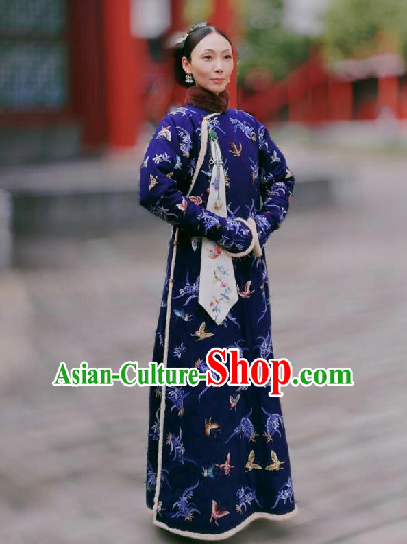 Chinese Ancient Royal Dame Garment Court Manchu Blue Qipao Dress and Headpieces Drama Dreaming Back to the Qing Dynasty Fourth Rani Apparels Costumes