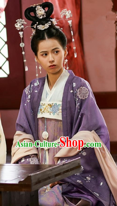 Chinese Ancient Princess Garment Costumes Purple Dress and Hair Jewelries Drama To Get Her Court Lady Lin Zhengzheng Apparels