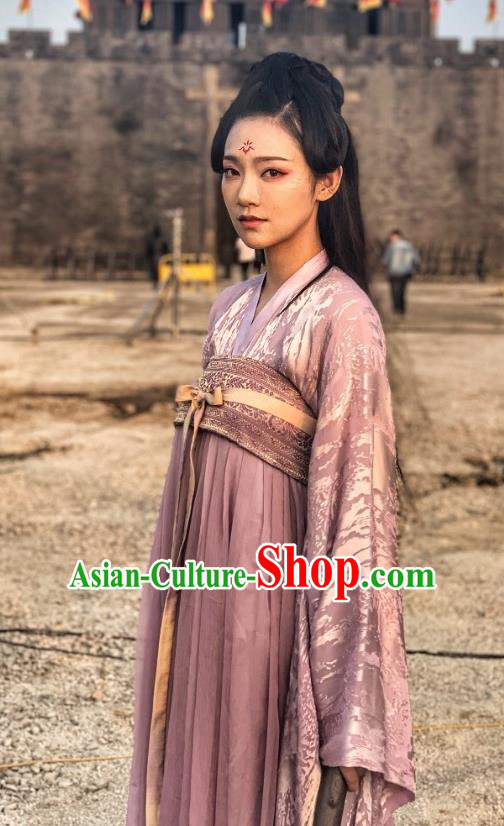 Chinese Ancient Princess Purple Garment Dress and Headdress Drama To Get Her Swordswoman Cha Ruirui Apparels Costumes