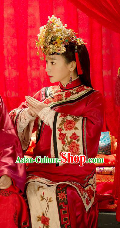 Chinese Ancient Qing Dynasty Wedding Garment Wuxia Drama Happy Mitan Apparels Red Dress and Phoenix Coronet Bride Costumes