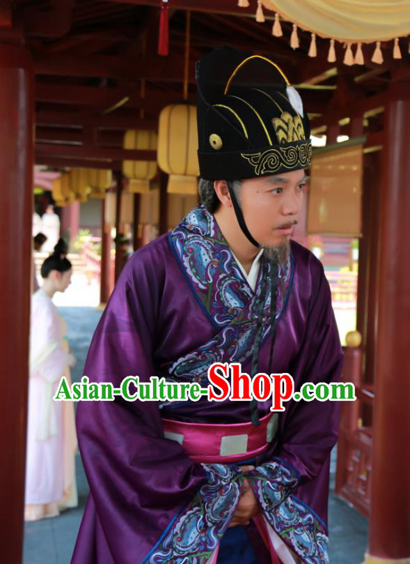 Chinese Ancient Minister Apparels Garment and Hat Wuxia Drama The King of Blaze Purple Official Costumes