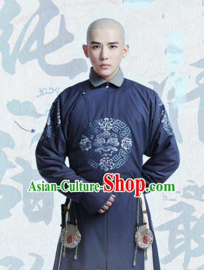 Chinese Ancient Thirteen Prince Garment Manchu Costumes Drama Dreaming Back to the Qing Dynasty Aisin Gioro Yinxiang Navy Gown Apparels