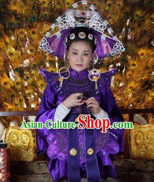 Chinese Ancient Empress Apparels and Headdress Drama Turbulence of the Mu Clan Queen Luo Ningshi Purple Costumes Garment