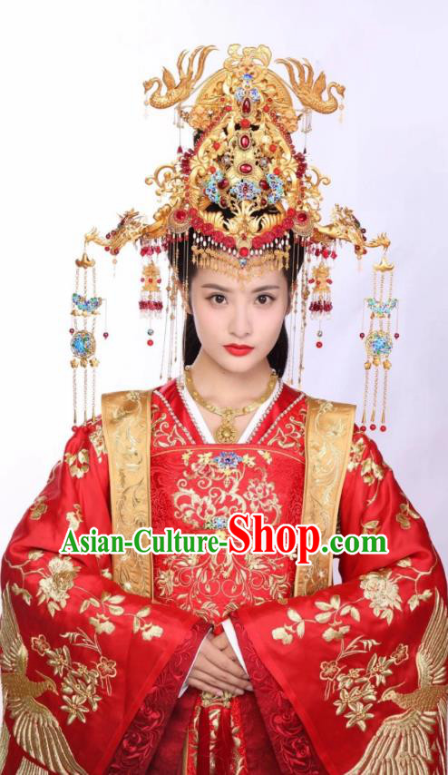 Chinese Ancient Apparels Wedding Garment and Phoenix Coronet Wuxia Drama The King of Blaze Princess Li Ying Red Dress Costumes