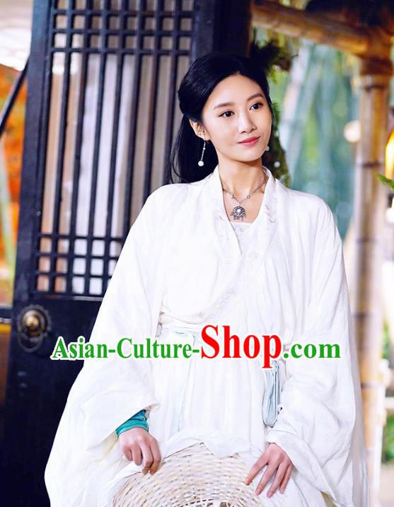 Chinese Ancient White Apparels Garment Costumes and Headwear Wuxia Drama The Lost Swordship Swordswoman Sun Min Dress