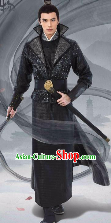 Chinese Ancient Black Garment Costumes and Headpiece Drama I am A Pet At Dali Temple Swordsman Qing Moyan Hanfu Apparels