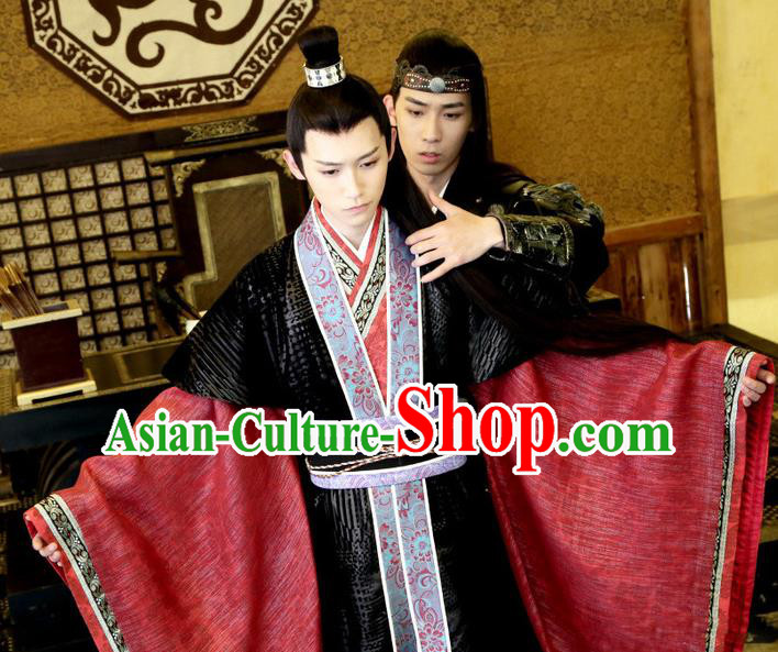 Chinese Ancient Lord Garment Costumes and Hairdo Crown Drama Men With Sword Swordsman Prince Murong Li Hanfu Apparels