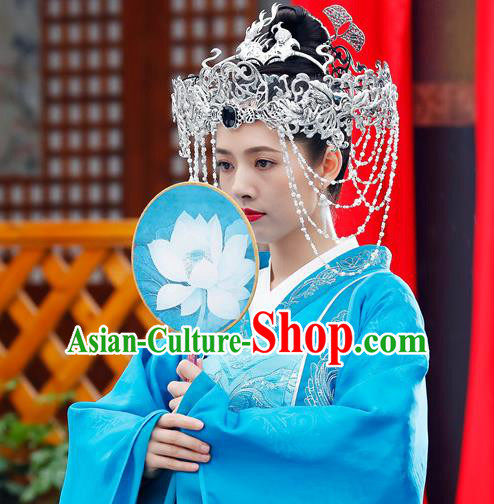 Chinese Ancient Bride Apparels Costumes and Headdress Drama The Starry Night The Starry Sea Noble Lady Lu Li Blue Dress Garment
