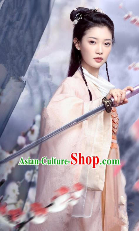 Chinese Ancient Swordswoman Pink Costumes Garment and Headwear Drama And The Winner Is Love Female Knight Lin Fengzi Dress Apparels